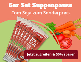 6er Set Suppenpause Tom Soja von Gefro zum Sonderpreis, mit Tomaten und Karotten als Illustration