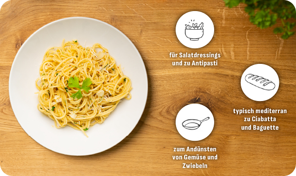 Spaghetti auf einem weißen Teller mit Olivenöl beträufelt und Petersilie dekoriert