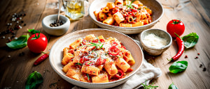 Nudeln mit scharfer Tomaten-Schinken-So&szlig;e