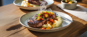 Rumpsteak mit Aprikosen-Tomaten-Salsa und Knoblauch-Kartoffelp&uuml;ree