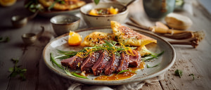 Entenbrust mit Orangenso&szlig;e und Sesam-Omelettes