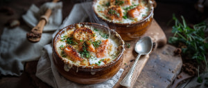 Gratinierte Kartoffelsuppe mit ger&auml;ucherter Forelle