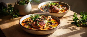 Kr&auml;uterhuhn mit Pilzen in cremiger Tomatenso&szlig;e