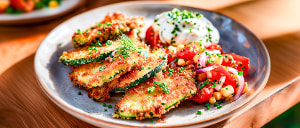Zucchinischnitzel mit Kr&auml;uterquark und Mais-Tomatensalat
