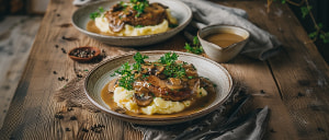 Kalbsleber in Zwiebel-Pilzso&szlig;e mit Kartoffelstampf