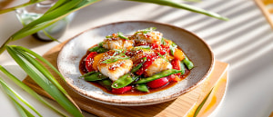 S&uuml;&szlig;-saures Fischfilet auf Zuckerschotengem&uuml;se