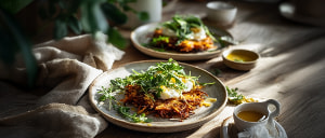 S&uuml;&szlig;kartoffelr&ouml;sti mit Ziegenk&auml;se und Rucola