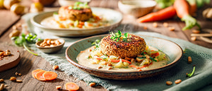 Tofu-Erdnuss-Burger auf Lauch-Karotten