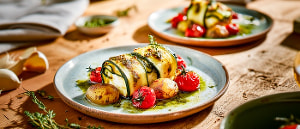 Fetak&auml;se im Zucchinimantel mit Pestokartoffeln