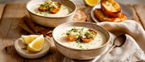 Blumenkohlcremesuppe mit Schnittlauch und Makrelen-Cro&ucirc;tons
