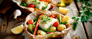 Kabeljaufilet und Fr&uuml;hlingsgem&uuml;se im Papier gegart