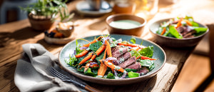 Karotten-Spinatsalat mit Roastbeef und Fr&uuml;hlingskr&auml;utercreme