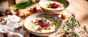 Kr&auml;uter-Lauch-Cremesuppe mit Speck und roter Beete
