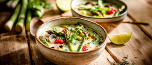 Kokossuppe mit gr&uuml;nem Spargel