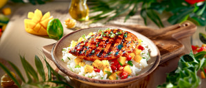 Gegrillte Curry-H&auml;hnchenbrust mit fruchtigem Reissalat