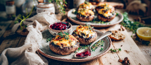 Gegrillte Riesenchampignons mit Brie &uuml;berbacken und Preiselbeerdip