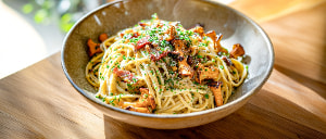 Spaghetti mit Pfifferlingen, Lauch und Speck