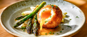 Frittierte Eier mit Spargel in Kr&auml;uter-Vinaigrette