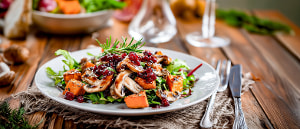 Lauwarmer K&uuml;rbissalat mit Pilzen