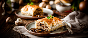 Spitzkohlstrudel mit Rindfleisch und J&auml;gerso&szlig;e