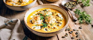 K&uuml;rbiscremesuppe mit Ziegenk&auml;sekl&ouml;&szlig;chen