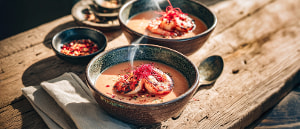 Lauch-Pimento Cremesuppe mit Garnelen