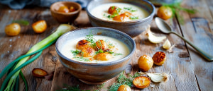 Fenchel-Sauerrahms&uuml;ppchen mit Lauchzwiebeln und karamellisierten Kartoffeln