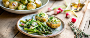 Veganes Spargel-Radieschen-Gem&uuml;se mit Kr&auml;uterkartoffeln