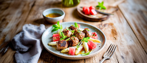 W&uuml;rzige Fleischb&auml;llchen mit Spargel-Melonensalat