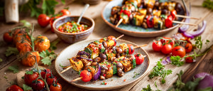 Gegrillte Gem&uuml;sespie&szlig;e mit Tomaten-Paprikasalsa
