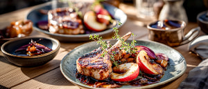 Schweinekoteletts mit gegrillten &Auml;pfeln und Balsamico-Zwiebel-So&szlig;e