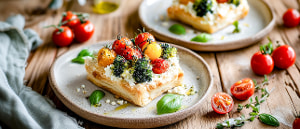 Bl&auml;tterteigt&ouml;rtchen mit Schafsk&auml;se und marinierten Tomaten