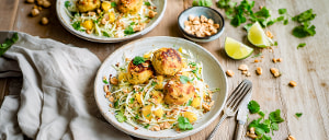 Vegane Tofu-Kichererbsen-B&auml;llchen mit Mango-Kohlrabisalat
