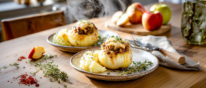 Gef&uuml;llte Gem&uuml;sezwiebeln mit Apfel-Kartoffelp&uuml;ree