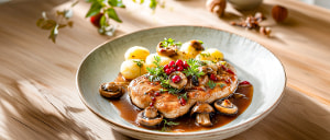 H&auml;hnchenschnitzel mit Steinpilzen und Maronen