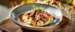 Rindfleischstreifen auf Thymiangraupen mit Pfifferlingen