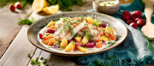 Bachsaiblingsfilet mit Meerrettichkruste und Wurzelgem&uuml;se