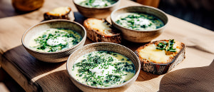 Feldsalat-Kartoffel-Cremesuppe mit Bauernbrotraclette