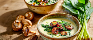 Kartoffel-Mangold-Cremesuppe mit ger&ouml;steten Pilzen