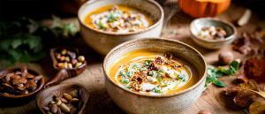 K&uuml;rbissuppe mit Nusskrokant