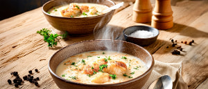 Herzhafte Kartoffelsuppe mit gebratenem Zanderfilet