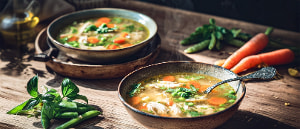 Fr&uuml;hlingssuppe mit H&auml;hnchen, Zuckererbsen und jungen M&ouml;hren
