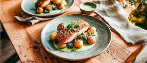 Gebackenes Wildlachsfilet auf Sauerampferso&szlig;e mit B&auml;rlauchkartoffeln