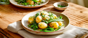 Kerbelkartoffeln mit Kohlrabi-Zuckerschotenragout