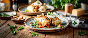 Spitzkohl-Rouladen mit jungen Karotten und Bergk&auml;se gef&uuml;llt