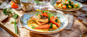 Tofu-Cashew-Bratlinge auf jungen M&ouml;hrchen