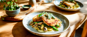 Kalbsschnitzel mit knuspriger Funghi-Panade auf Gem&uuml;seragout