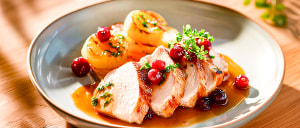 Putenbrust mit Orangen-Preiselbeerso&szlig;e und karamellisierten Petersilienwurzeln