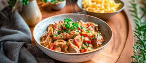 Rindergeschnetzeltes mit Austernpilzen und Perlzwiebeln