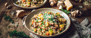 Cremiges Graupenrisotto mit Wurzelgem&uuml;se und Pilzen